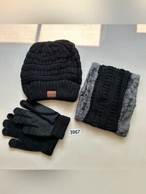 Loritta Black Winter Beanie Neck Warmer Gloves Set Women's Soft Knit Gift Set